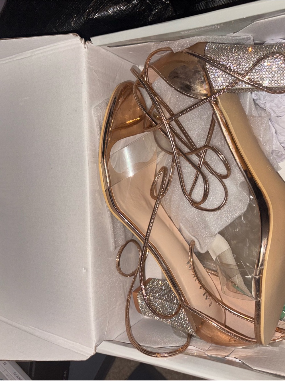 Rose Gold Strappy Heels with Rhinestone Heel Accent